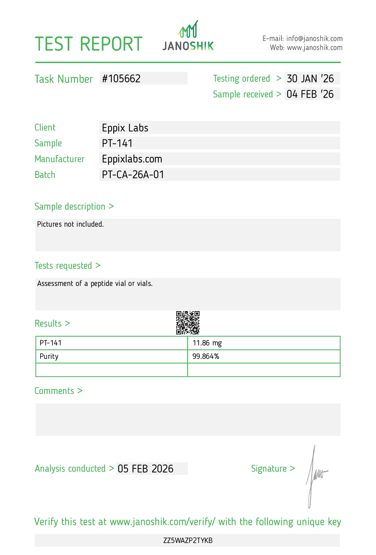 Certificate of Analysis for PT-141 10mg
