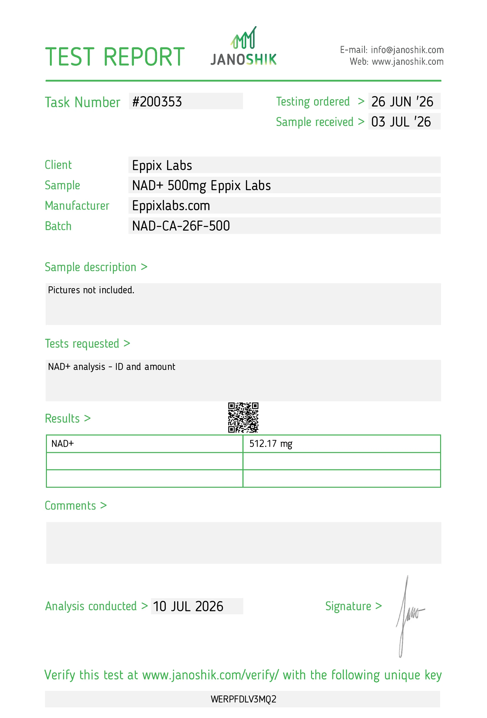 Certificate of Analysis for NAD+ 500mg