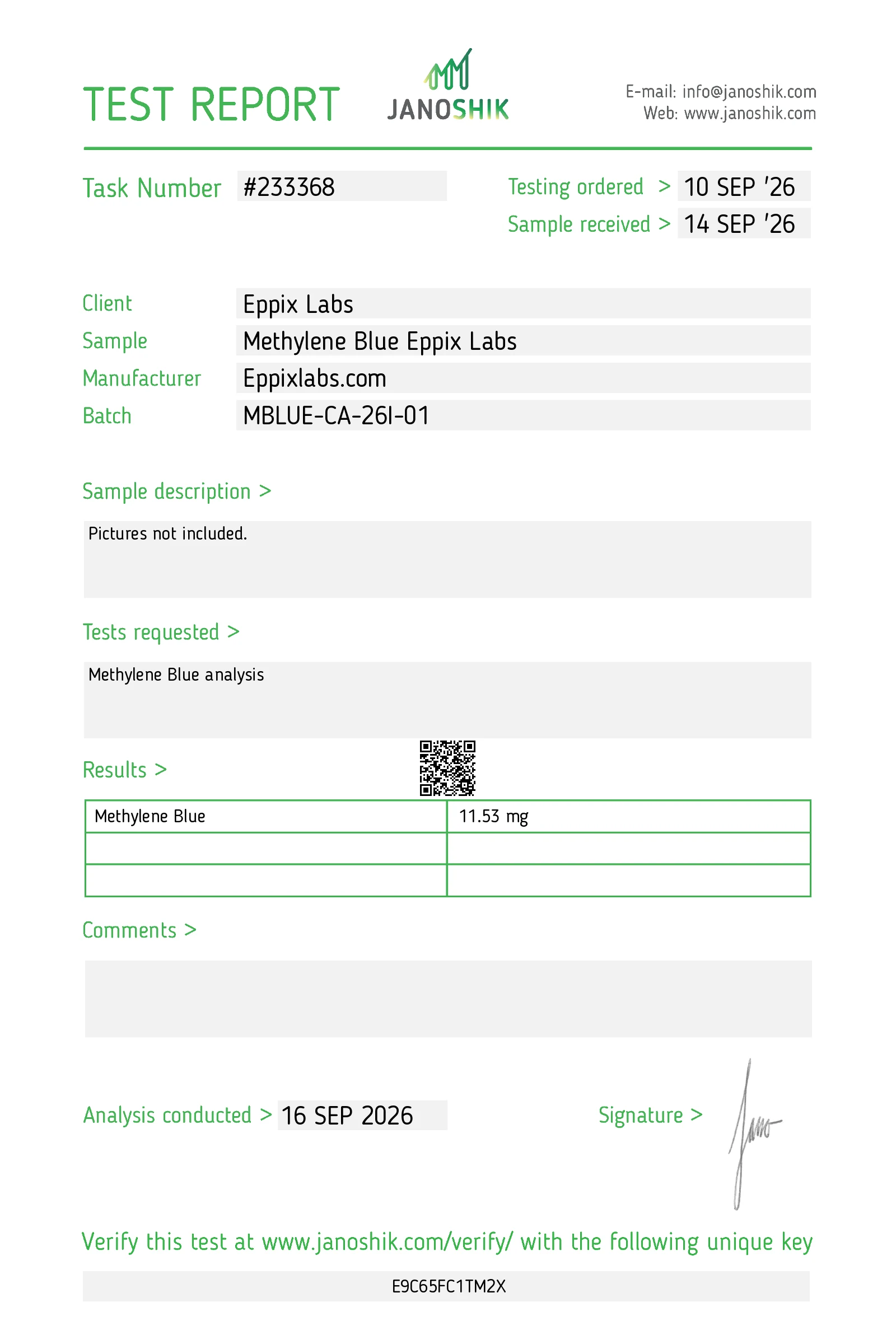Certificate of Analysis for Methylene Blue Capsules batch MBLUE-CA-26I-01