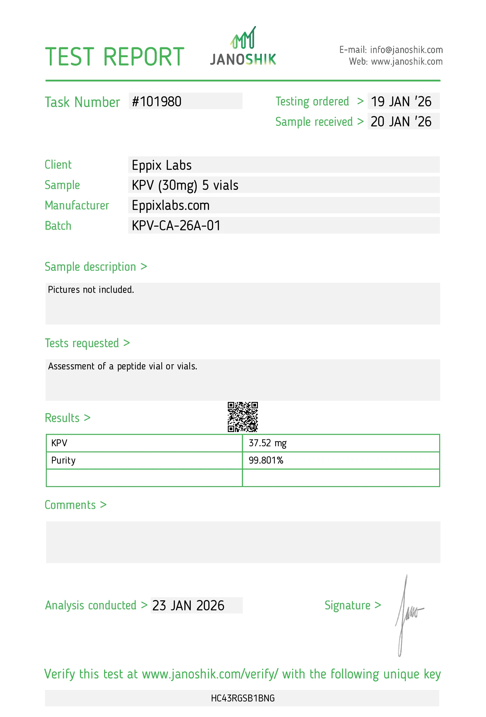 Certificate of Analysis for KPV batch KPV-CA-26A-01