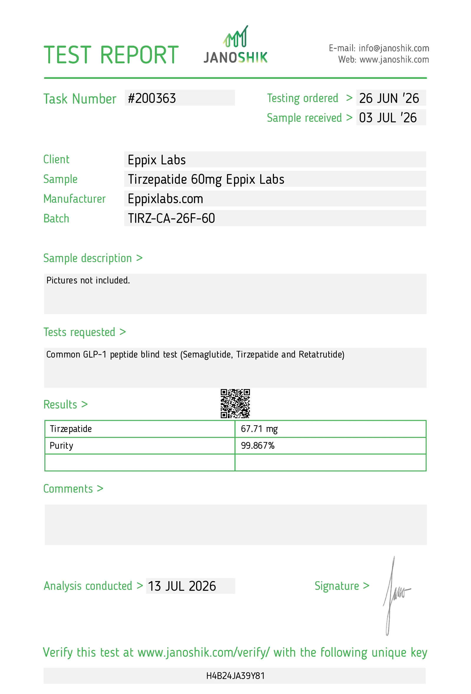 Certificate of Analysis for Tirzepatide 60mg batch TIRZ-CA-26F-60