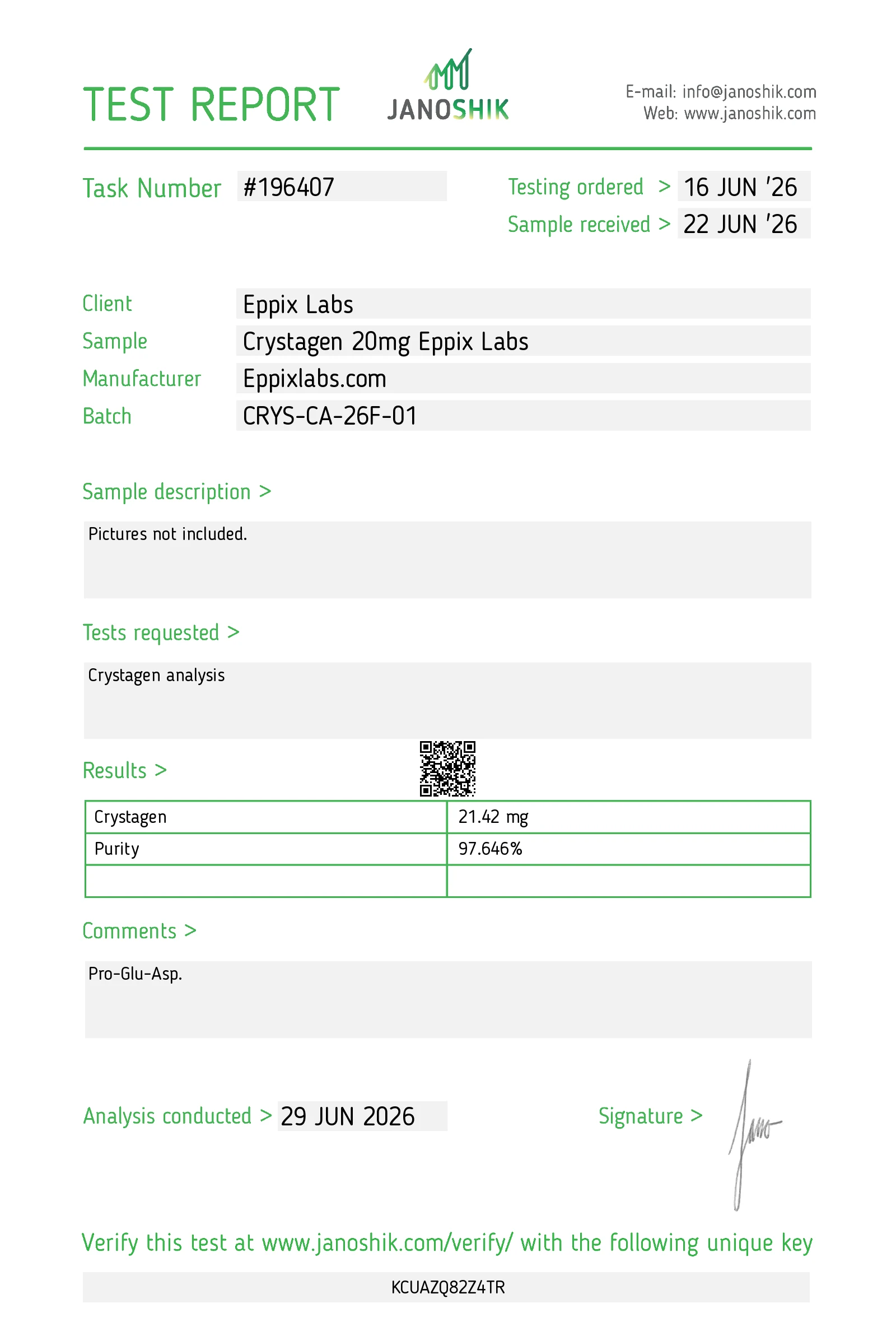 Certificate of Analysis for Crystagen 20mg