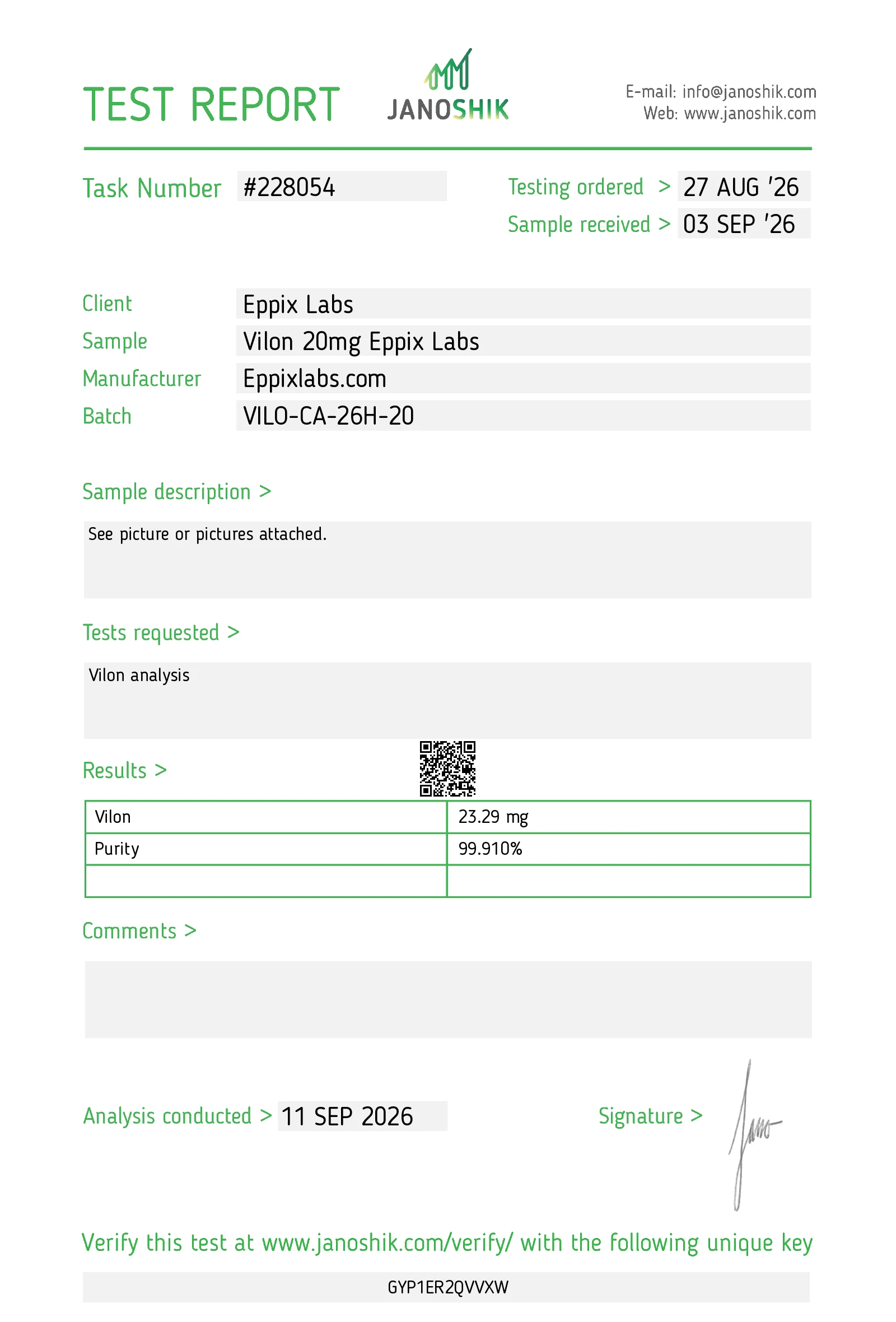 Certificate of Analysis for Vilon 20mg
