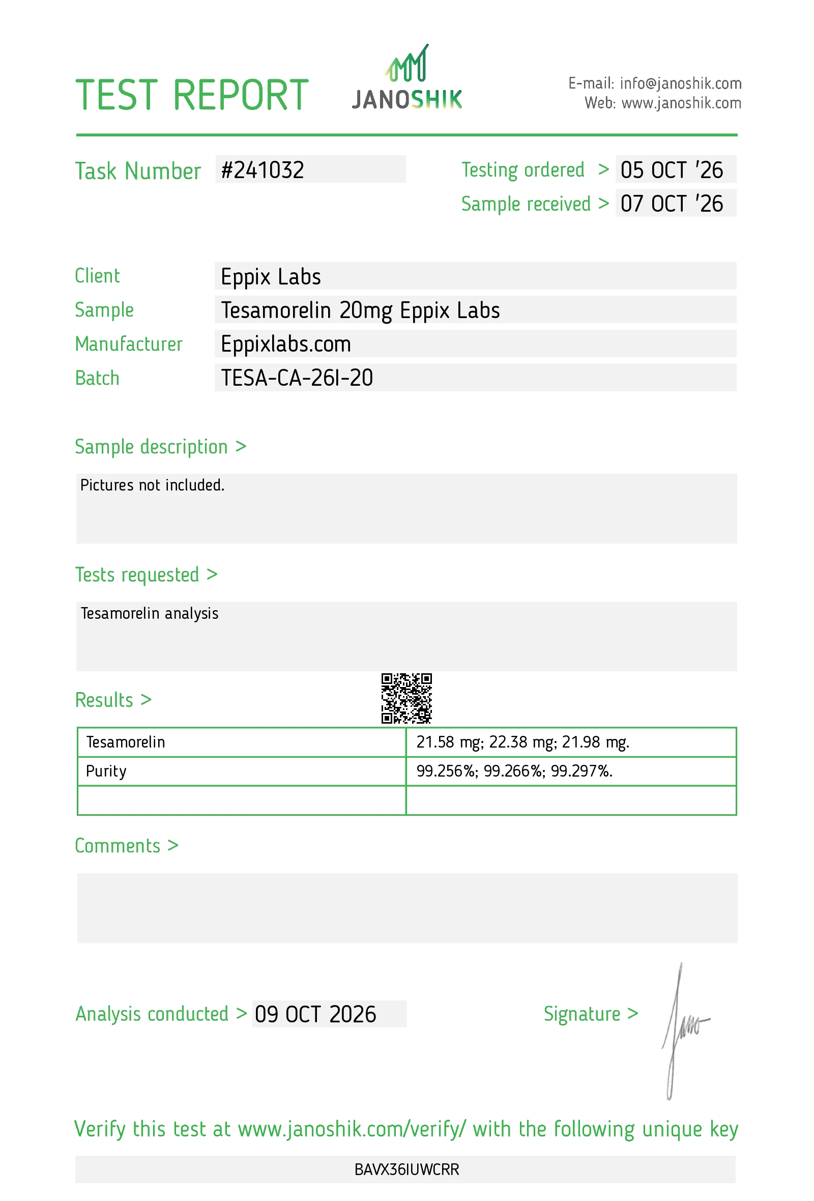 Certificate of Analysis for Tesamorelin batch TESA-CA-26I-20