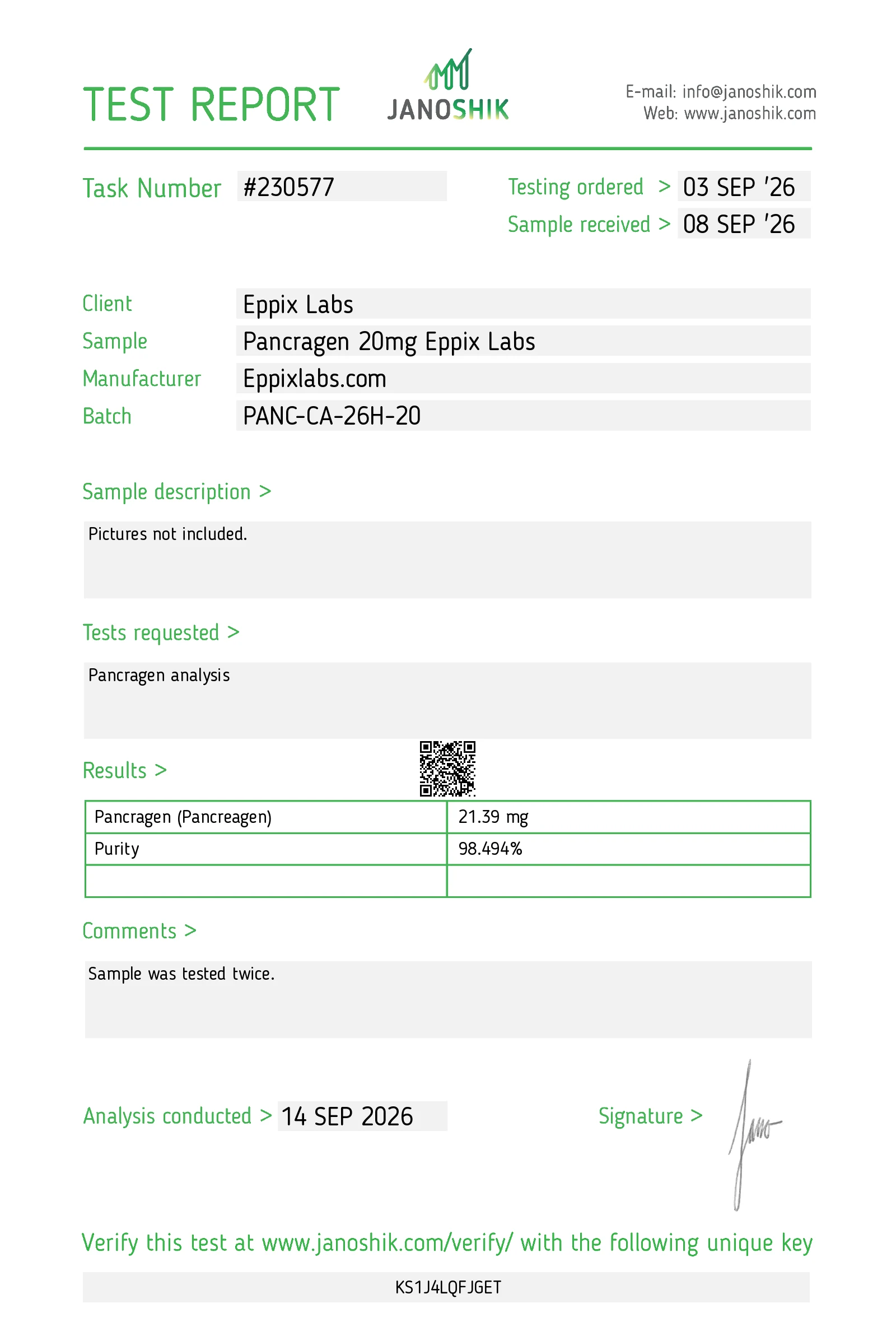 Certificate of Analysis for Pancragen 20mg