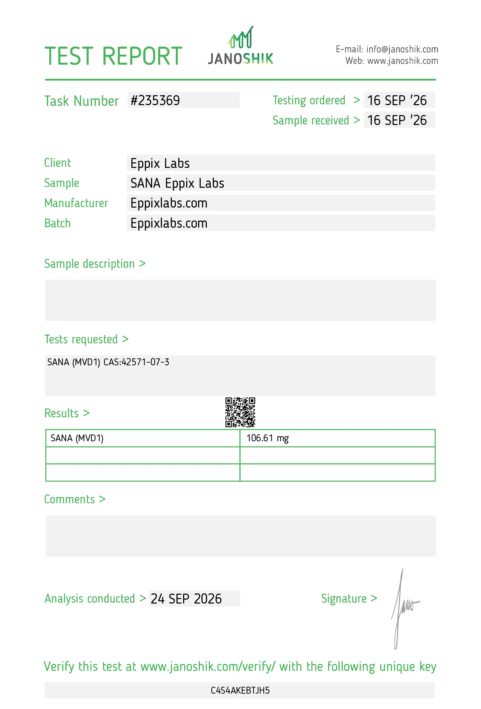 Certificate of Analysis for SANA Capsules batch Eppixlabs.com