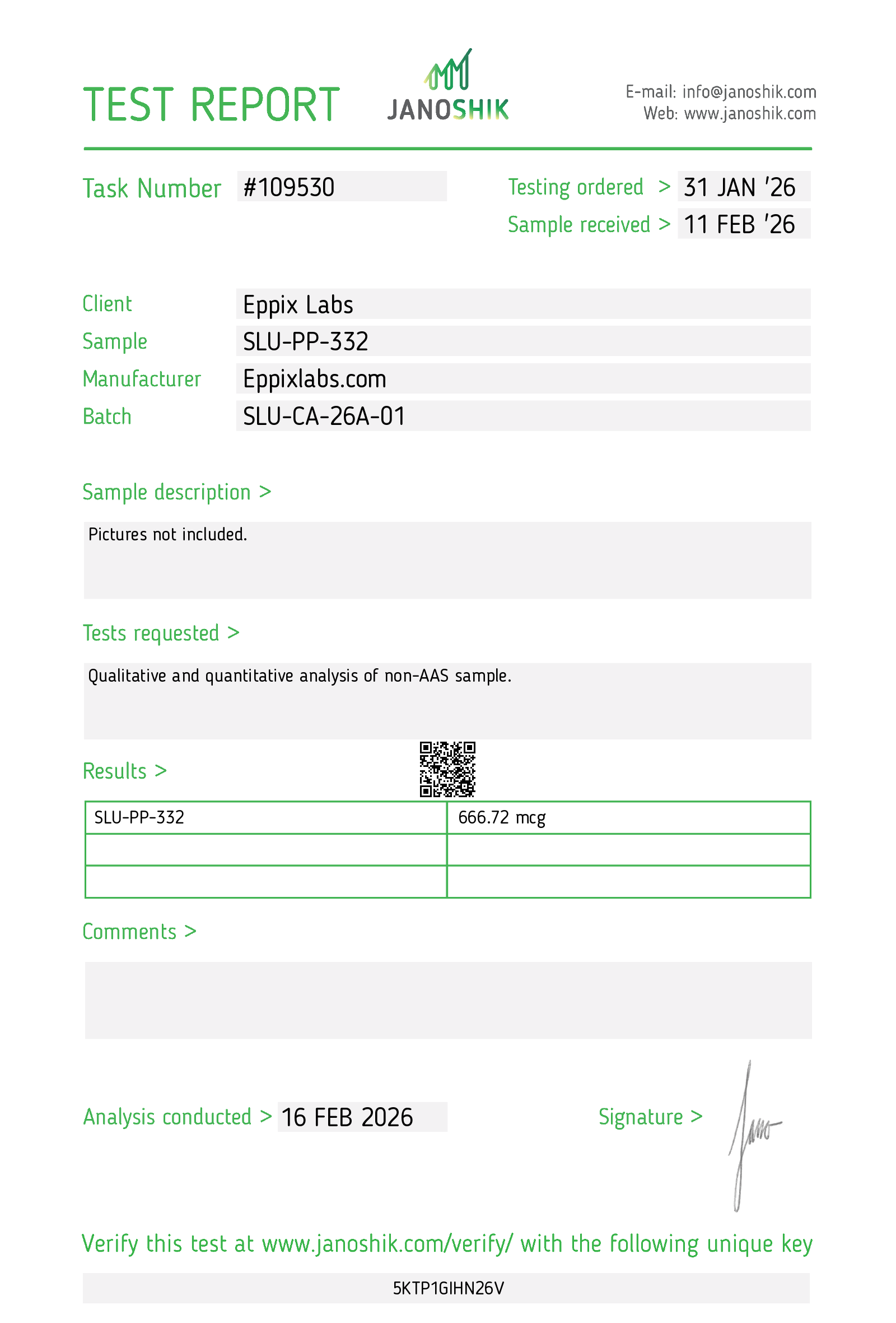 Certificate of Analysis for SLU-PP-332 batch SLU-CA-26A-01